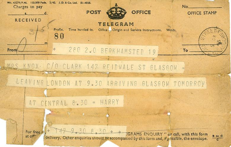 Telegram from Pte. Harry Knox